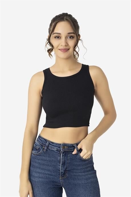 Kadın Pamuklu Fitilli Halter Yaka Kalın Askılı Crop Siyah