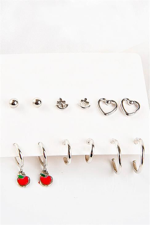 Kalp Çapa Ve Elma Tasarımlı Halka Ve Tektaşlı Top Küpeli 12li Küpe Seti