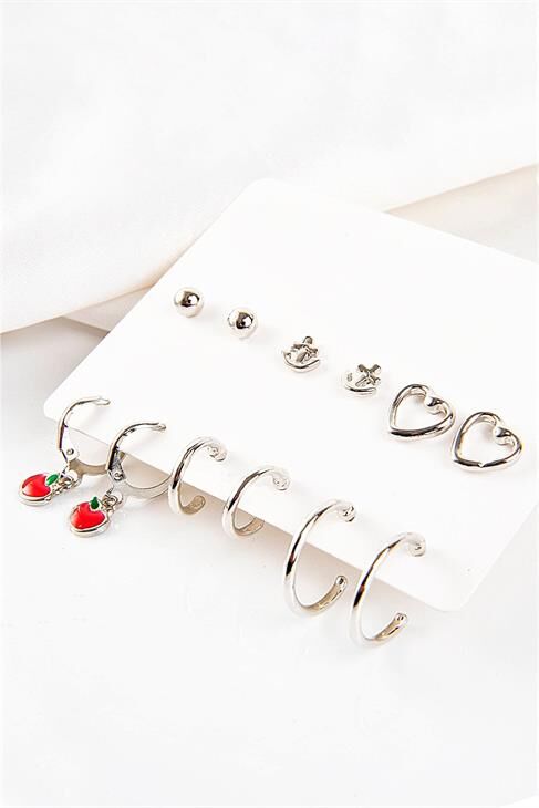 Kalp Çapa Ve Elma Tasarımlı Halka Ve Tektaşlı Top Küpeli 12li Küpe Seti