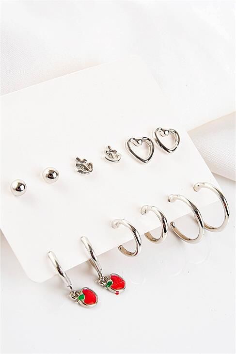 Kalp Çapa Ve Elma Tasarımlı Halka Ve Tektaşlı Top Küpeli 12li Küpe Seti