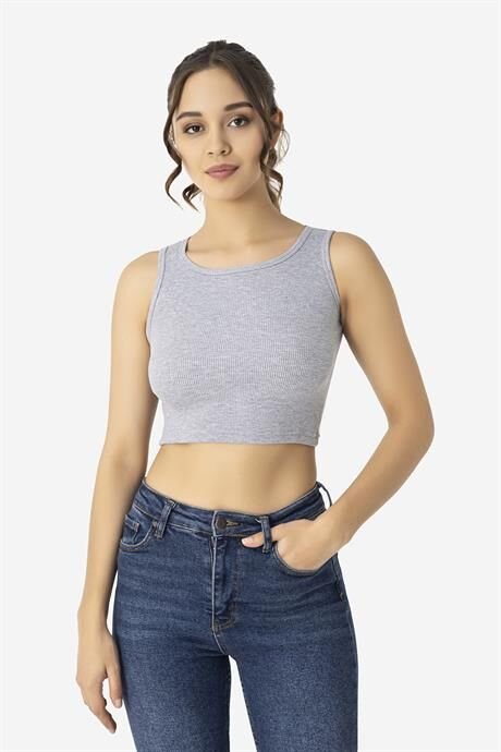 Kadın Pamuklu Fitilli Halter Yaka Kalın Askılı Crop Gri