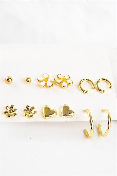 Papatya Çiçek Ve Kalp Tasarımlı Halka Ve Tektaşlı Top Küpeli 12li Küpe Seti