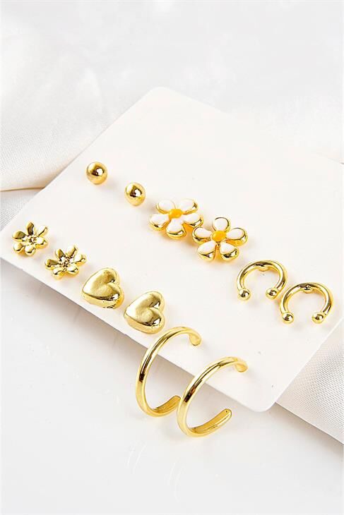 Papatya Çiçek Ve Kalp Tasarımlı Halka Ve Tektaşlı Top Küpeli 12li Küpe Seti