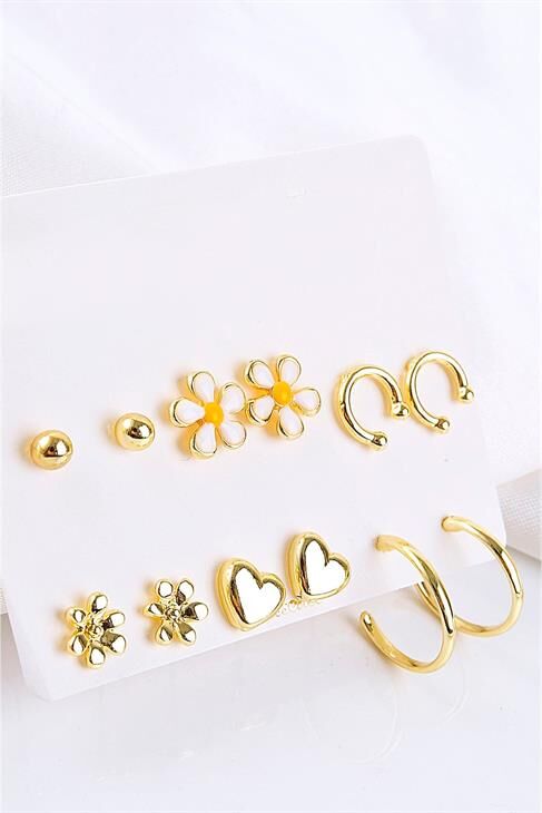 Papatya Çiçek Ve Kalp Tasarımlı Halka Ve Tektaşlı Top Küpeli 12li Küpe Seti