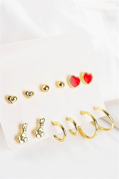 Anahtar Ve Kalp Tasarımlı Halka Ve Tektaşlı Top Küpeli 12li Küpe Seti