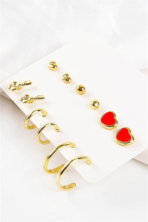 Anahtar Ve Kalp Tasarımlı Halka Ve Tektaşlı Top Küpeli 12li Küpe Seti