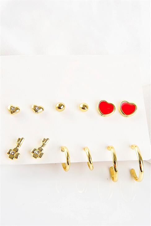 Anahtar Ve Kalp Tasarımlı Halka Ve Tektaşlı Top Küpeli 12li Küpe Seti