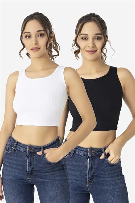 Kadın Pamuklu Fitilli Halter Yaka Kalın Askılı Crop Beyaz Siyah 2'li Paket