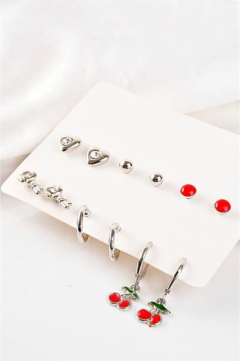 Anahtar Kiraz Ve Kalp Tasarımlı Halka Ve Tektaşlı Top Küpeli 12li Küpe Seti