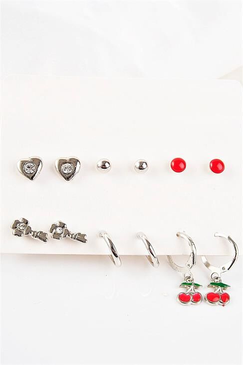 Anahtar Kiraz Ve Kalp Tasarımlı Halka Ve Tektaşlı Top Küpeli 12li Küpe Seti
