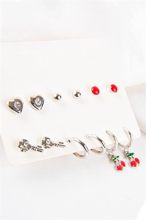Anahtar Kiraz Ve Kalp Tasarımlı Halka Ve Tektaşlı Top Küpeli 12li Küpe Seti