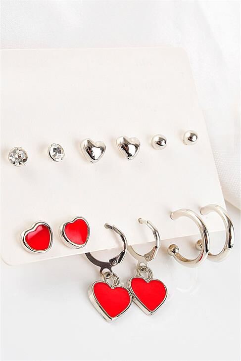 Kalp Tasarımlı Halka Ve Tektaşlı Top Küpeli 12li Küpe Seti