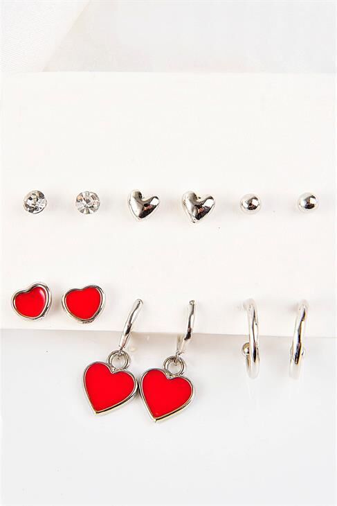 Kalp Tasarımlı Halka Ve Tektaşlı Top Küpeli 12li Küpe Seti