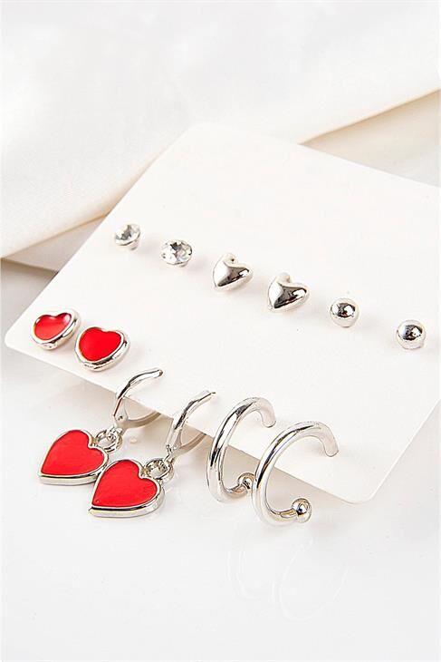 Kalp Tasarımlı Halka Ve Tektaşlı Top Küpeli 12li Küpe Seti