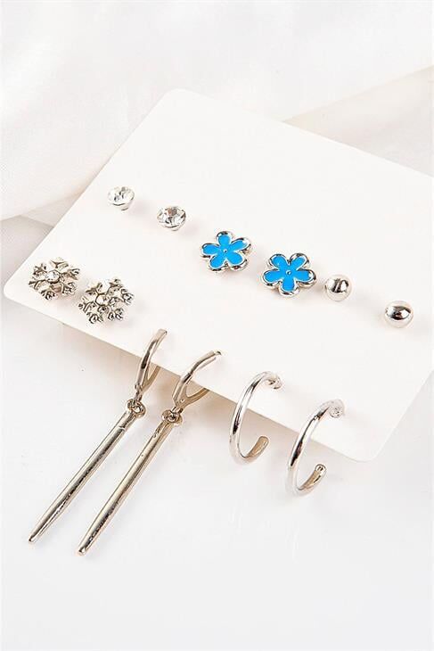 Uzun Bar Çiçek Ve Kar Tanesi Tasarımlı Halka Ve Tektaşlı Top Küpeli 12li Küpe Seti