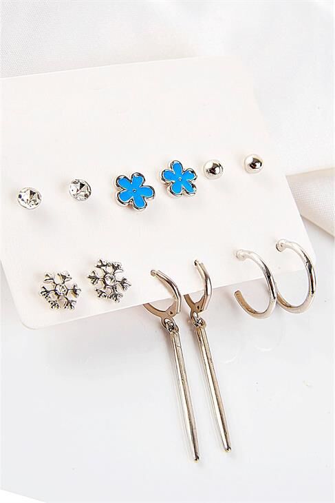 Uzun Bar Çiçek Ve Kar Tanesi Tasarımlı Halka Ve Tektaşlı Top Küpeli 12li Küpe Seti