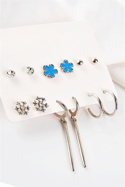 Uzun Bar Çiçek Ve Kar Tanesi Tasarımlı Halka Ve Tektaşlı Top Küpeli 12li Küpe Seti