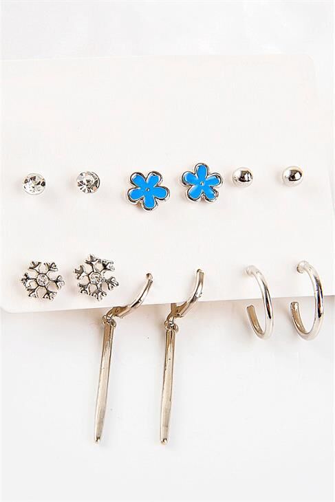 Uzun Bar Çiçek Ve Kar Tanesi Tasarımlı Halka Ve Tektaşlı Top Küpeli 12li Küpe Seti