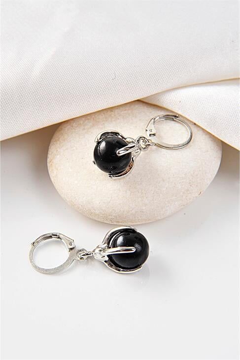 Özel Tasarımlı Siyah Inci Ve Zirkon Taşlı Kolye Küpe Takı Set