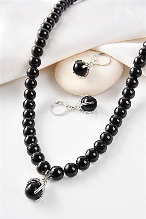 Özel Tasarımlı Siyah Inci Ve Zirkon Taşlı Kolye Küpe Takı Set