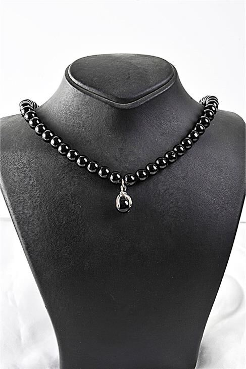 Özel Tasarımlı Siyah Inci Ve Zirkon Taşlı Kolye Küpe Takı Set