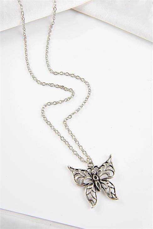 Kutulu Eskitme Model Büyük Kelebek Tasarımlı Antik Gümüş Kaplamalı Uzun Zincirli Kolye