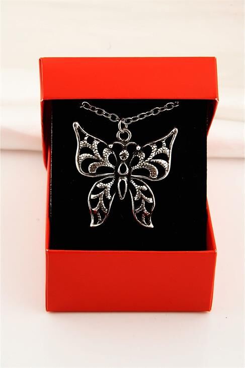 Kutulu Eskitme Model Büyük Kelebek Tasarımlı Antik Gümüş Kaplamalı Uzun Zincirli Kolye