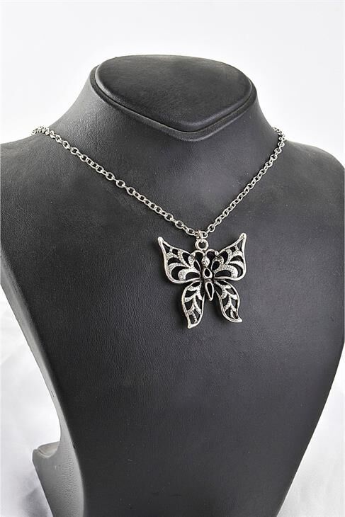 Kutulu Eskitme Model Büyük Kelebek Tasarımlı Antik Gümüş Kaplamalı Uzun Zincirli Kolye