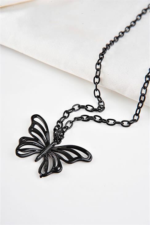 Kutulu Kelebek Tasarımlı Siyah Renkli Zincirli Kolye