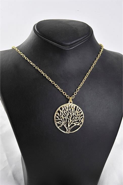 Kutulu Yaşam Ağacı Tasarımlı Gold Renkli Zincirli Kolye