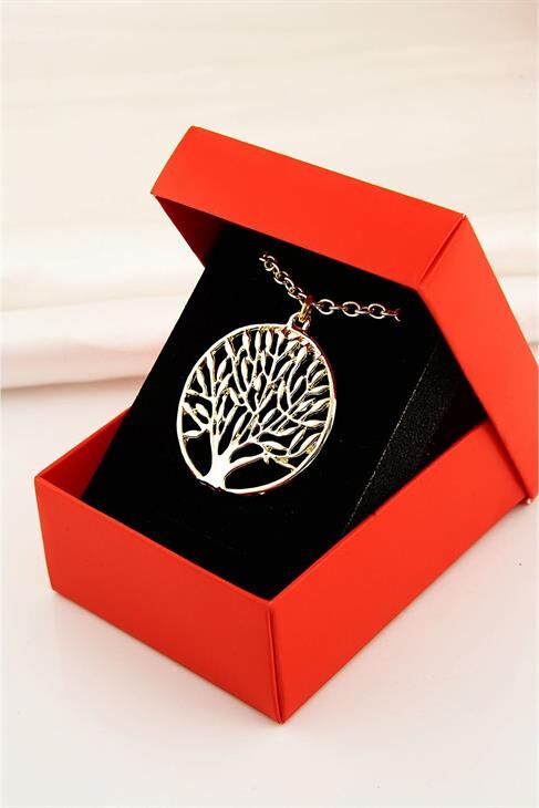 Kutulu Yaşam Ağacı Tasarımlı Gold Renkli Zincirli Kolye