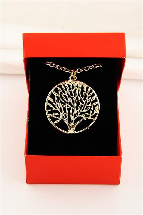 Kutulu Yaşam Ağacı Tasarımlı Gold Renkli Zincirli Kolye