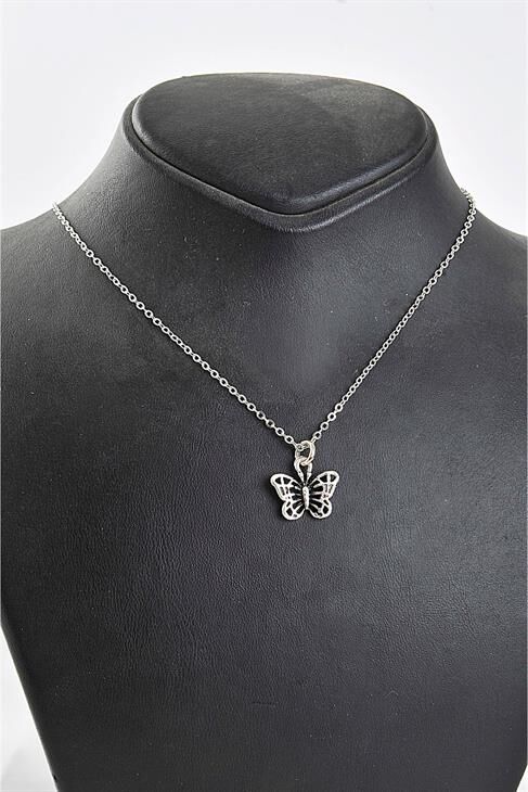 Kelebek Tasarımlı Antik Gümüş Renkli Kolye