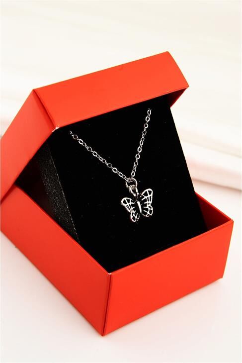 Kelebek Tasarımlı Antik Gümüş Renkli Kolye