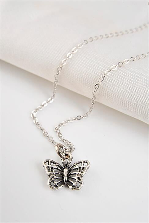 Kelebek Tasarımlı Antik Gümüş Renkli Kolye