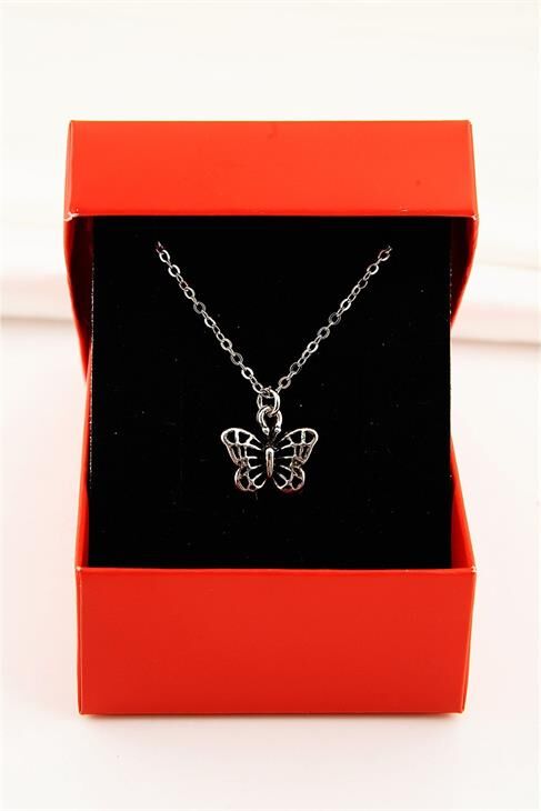 Kelebek Tasarımlı Antik Gümüş Renkli Kolye