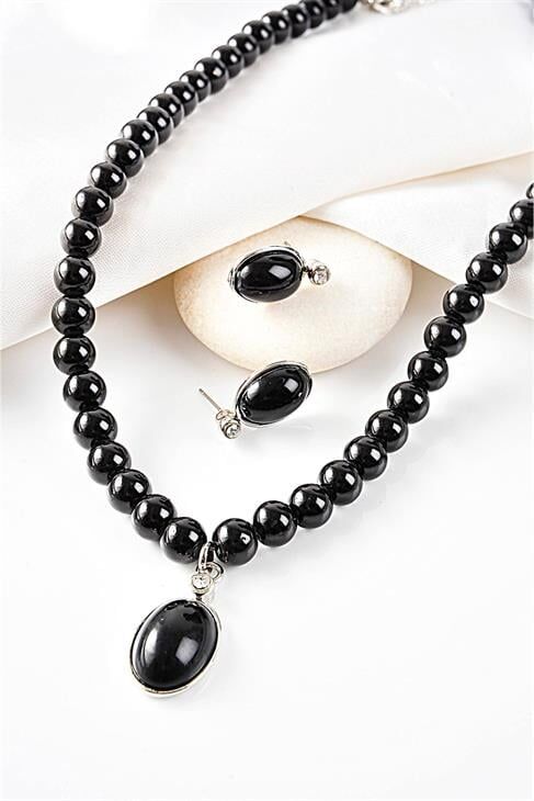 Özel Tasarımlı Siyah Inci Ve Zirkon Taşlı Kolye Küpe Takı Set