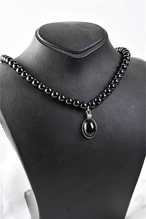 Özel Tasarımlı Siyah Inci Ve Zirkon Taşlı Kolye Küpe Takı Set