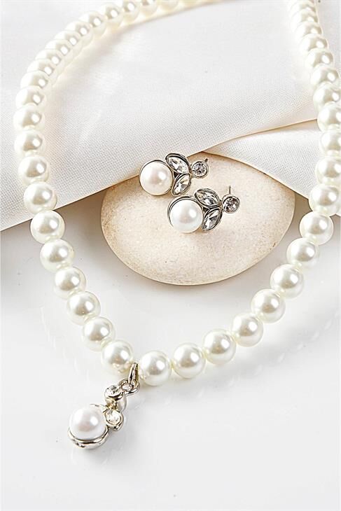 Özel Tasarımlı Inci Ve Zirkon Taşlı Kolye Küpe Takı Set