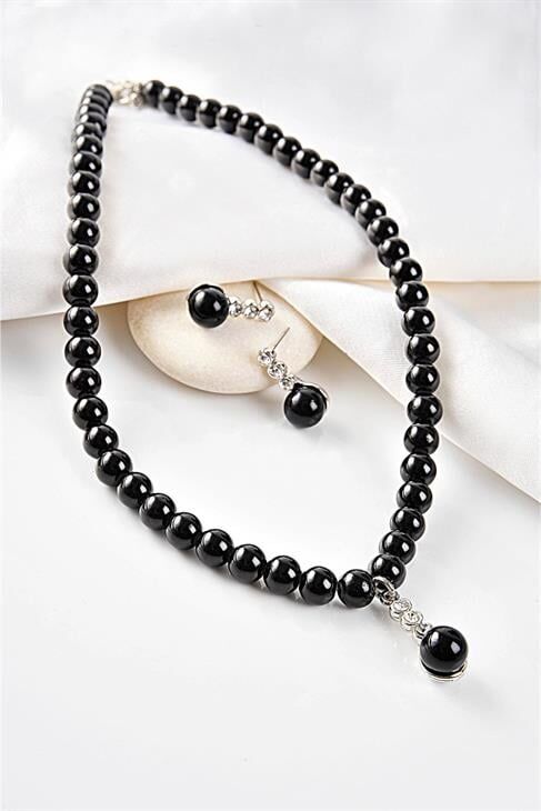 Özel Tasarımlı Siyah Inci Ve Zirkon Taşlı Kolye Küpe Takı Set