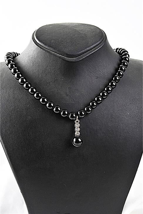 Özel Tasarımlı Siyah Inci Ve Zirkon Taşlı Kolye Küpe Takı Set