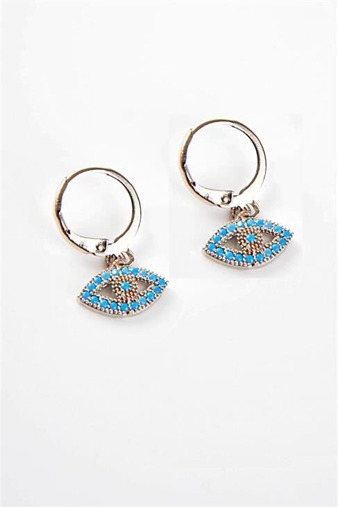 Göz Tasarımlı Gümüş Renkli Zirkon Taşlı Sallantılı Küpe