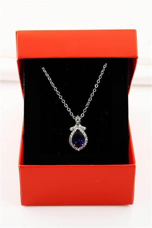 Kutulu Lacivert Damla Zirkon Taşlı Tasarımlı Gümüş Renkli Zirkon Taşlı Kolye