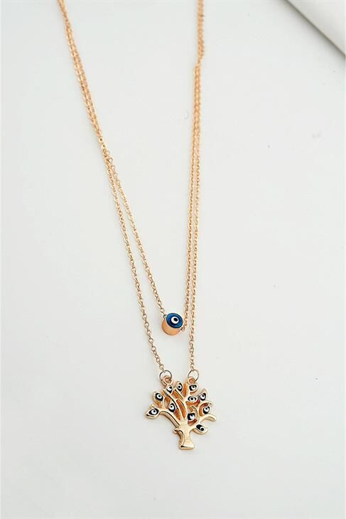 Yaşam Ağacı Tasarımlı Nazar Figürlü Zirkon Taşlı Gold Renkli 2li Kolye