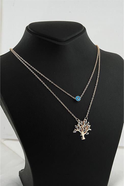 Yaşam Ağacı Tasarımlı Nazar Figürlü Zirkon Taşlı Gold Renkli 2li Kolye