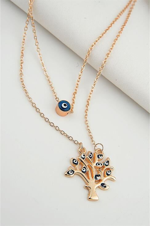 Yaşam Ağacı Tasarımlı Nazar Figürlü Zirkon Taşlı Gold Renkli 2li Kolye