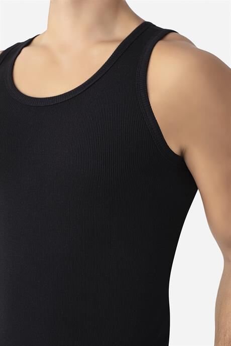 Erkek Siyah Fitilli Atlet Pamuklu Likralı Kaşkorse Halter Yaka Slim Fit Atlet