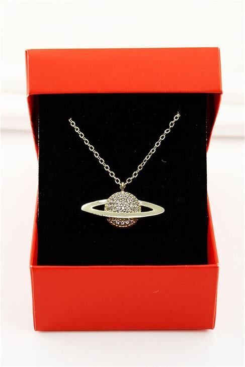 Satürn Tasarımlı Zirkon Taşlı Gümüş Kaplamalı Klipsli Kolye