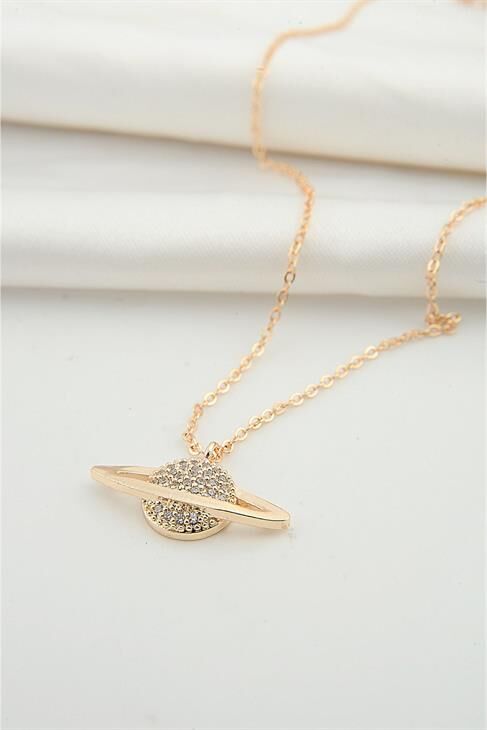 Satürn Tasarımlı Zirkon Taşlı Gümüş Kaplamalı Klipsli Kolye