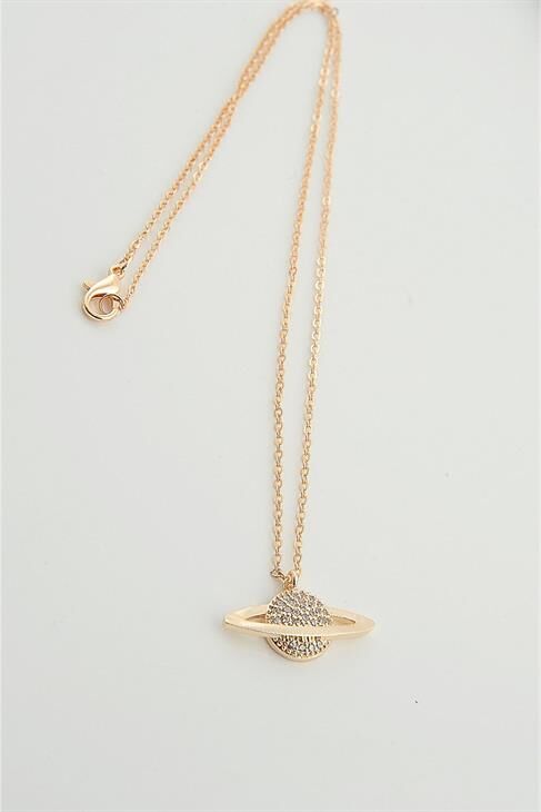 Satürn Tasarımlı Zirkon Taşlı Gümüş Kaplamalı Klipsli Kolye